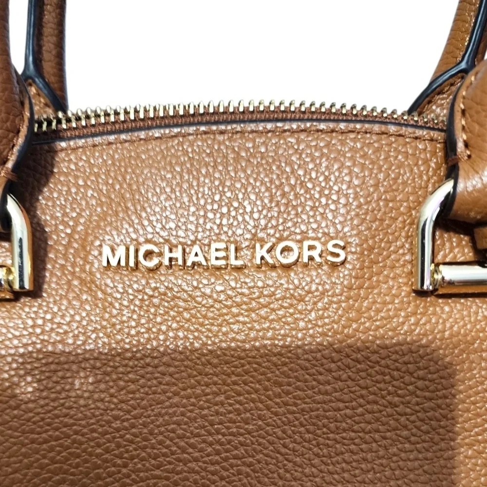 Michael Kors Maxine Pebbled Leather Acorn Tan Dome Crossbody Satchel Bag - Picture 4 of 13